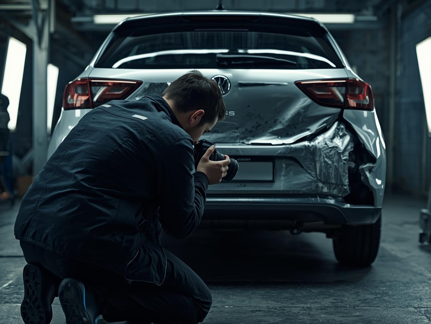 Fachkundiger Gutachter fotografiert realistischen Heckschaden an einem Fahrzeug – sorgfältige Beweissicherung für ein Unfallgutachten.