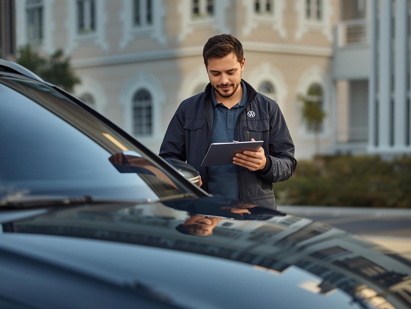 KFZ-Sachverständiger dokumentiert Fahrzeugzustand mit Tablet bei einer Vor-Ort-Begutachtung.