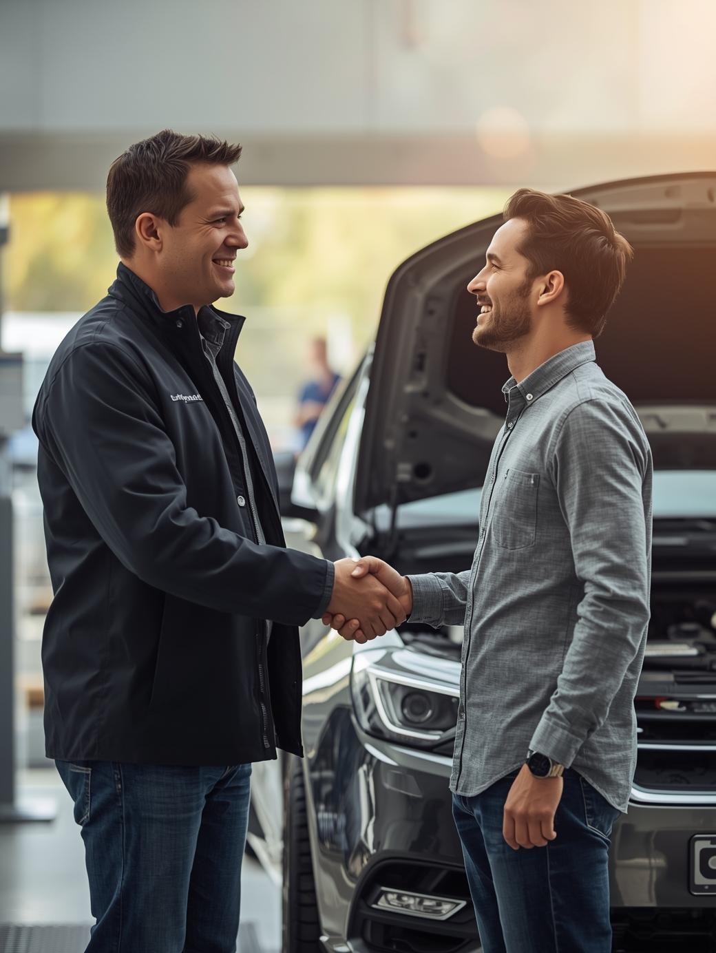 KFZ-Gutachter übergibt das fertige Fahrzeuggutachten an einen zufriedenen Kunden, professionelles Beratungsgespräch und Handschlag in München.