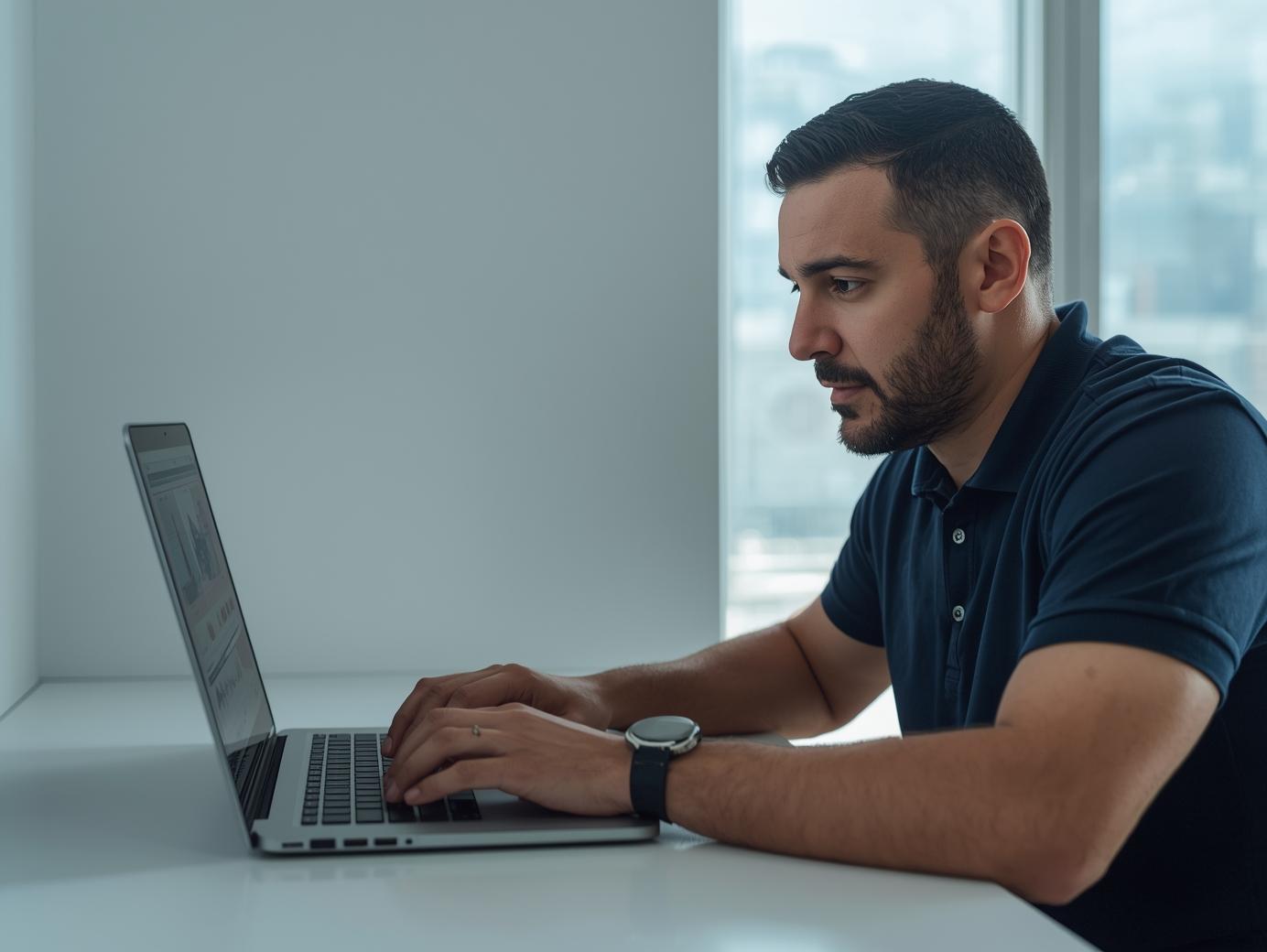 Gutachter arbeitet fokussiert am Laptop – digitale Auswertung von Schadendaten und Erstellung professioneller KFZ-Gutachten.