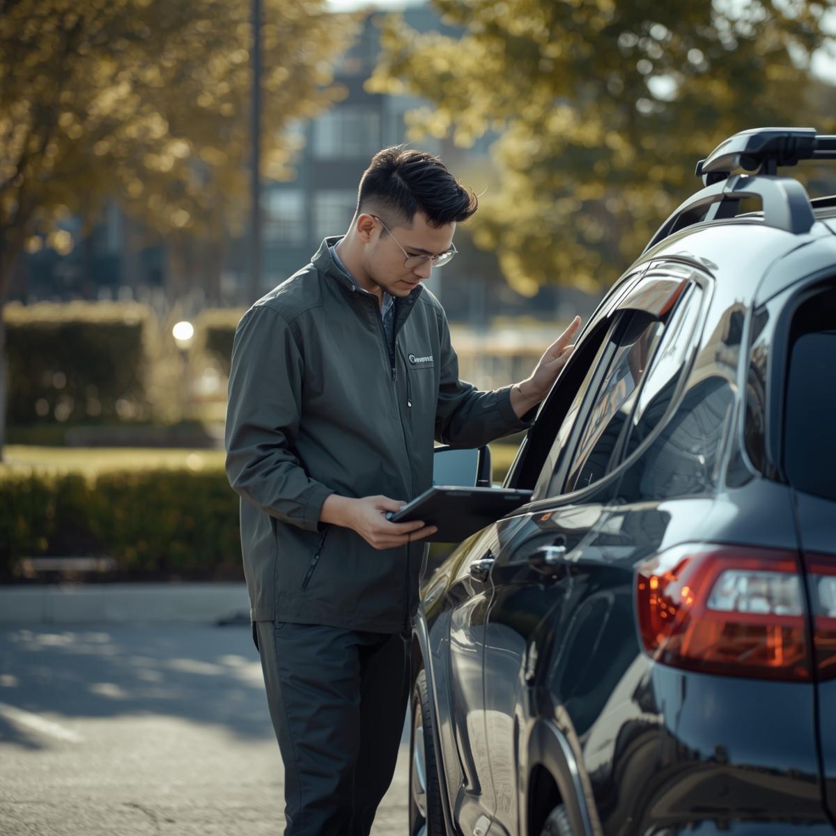 Fahrzeugexperte erfasst technische Daten und Zustand eines Wagens für eine transparente Fahrzeugbewertung.
