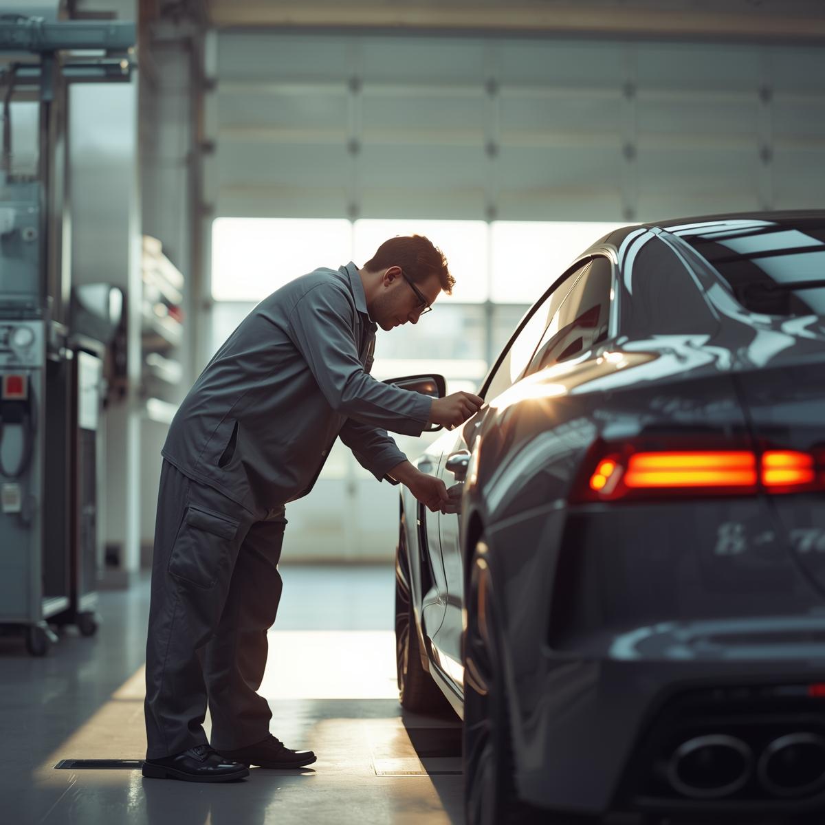 Fachmann untersucht realistischen Heckschaden eines Sportwagens in der Werkstatt zur Beweissicherung und Schadensanalyse.
