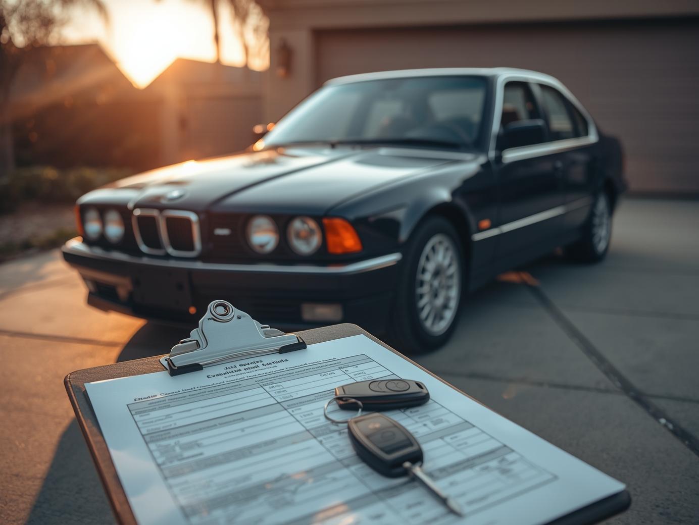 Youngtimer bei warmem Abendlicht, im Vordergrund ein Klemmbrett und Fahrzeugschlüssel – authentische Darstellung für Fahrzeugbewertung und Wertermittlung.