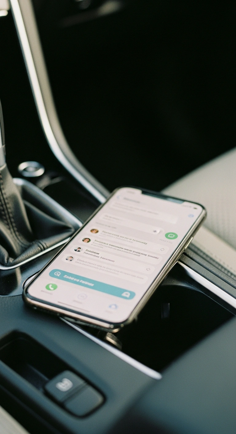 Smartphone im Fahrzeug zur schnellen Kontaktaufnahme nach einem Autounfall