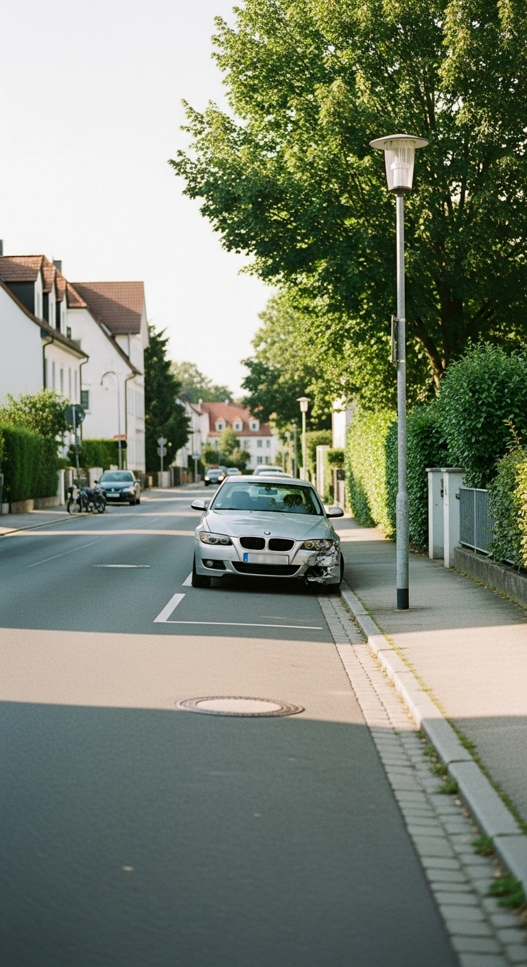 Beschädigtes Fahrzeug nach Verkehrsunfall in ruhiger Wohnstraße in Freising