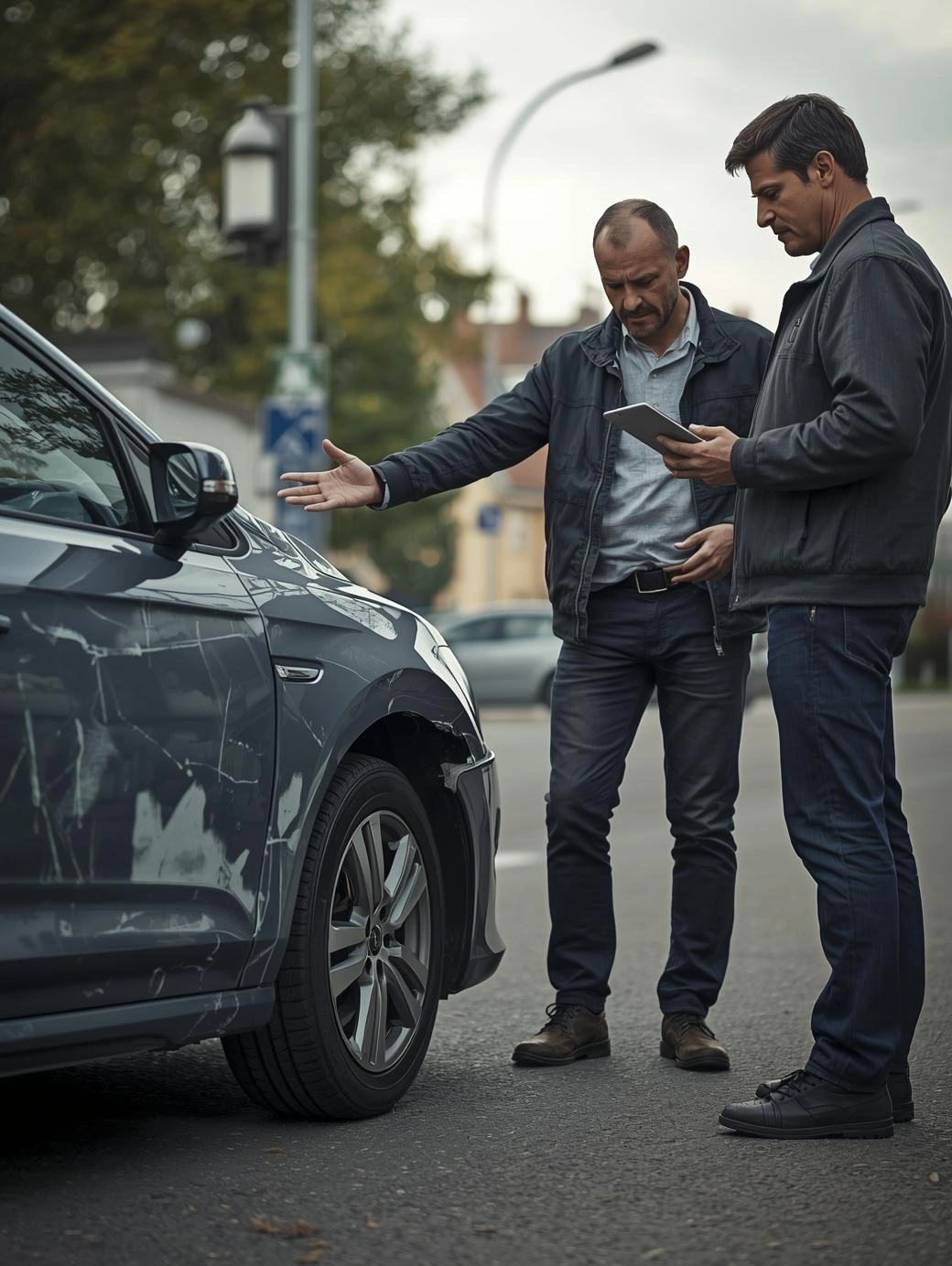 KFZ-Gutachter prüft einen Unfallschaden gemeinsam mit dem Fahrzeughalter