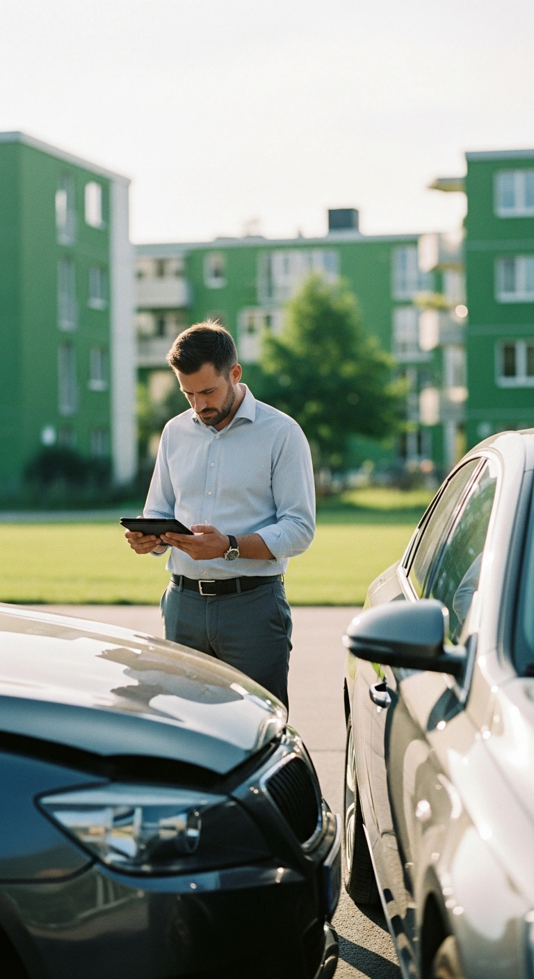 KFZ-Gutachter dokumentiert Unfallschaden mit Tablet im Olympiadorf in München