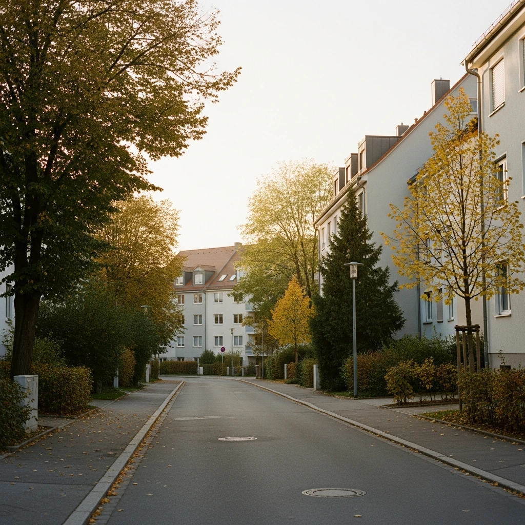 Ruhige Wohnstraße in München-Pasing mit gepflegten Mehrfamilienhäusern und Bäumen – typisches Wohngebiet für mobile KFZ-Begutachtungen