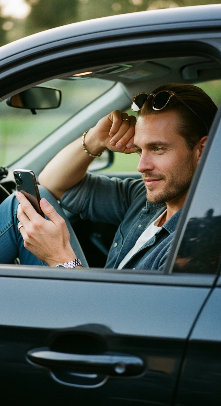 Entspannter Autofahrer in München-Pasing nutzt sein Smartphone nach einem Unfall – unkomplizierte Kontaktaufnahme mit einem KFZ-Gutachter