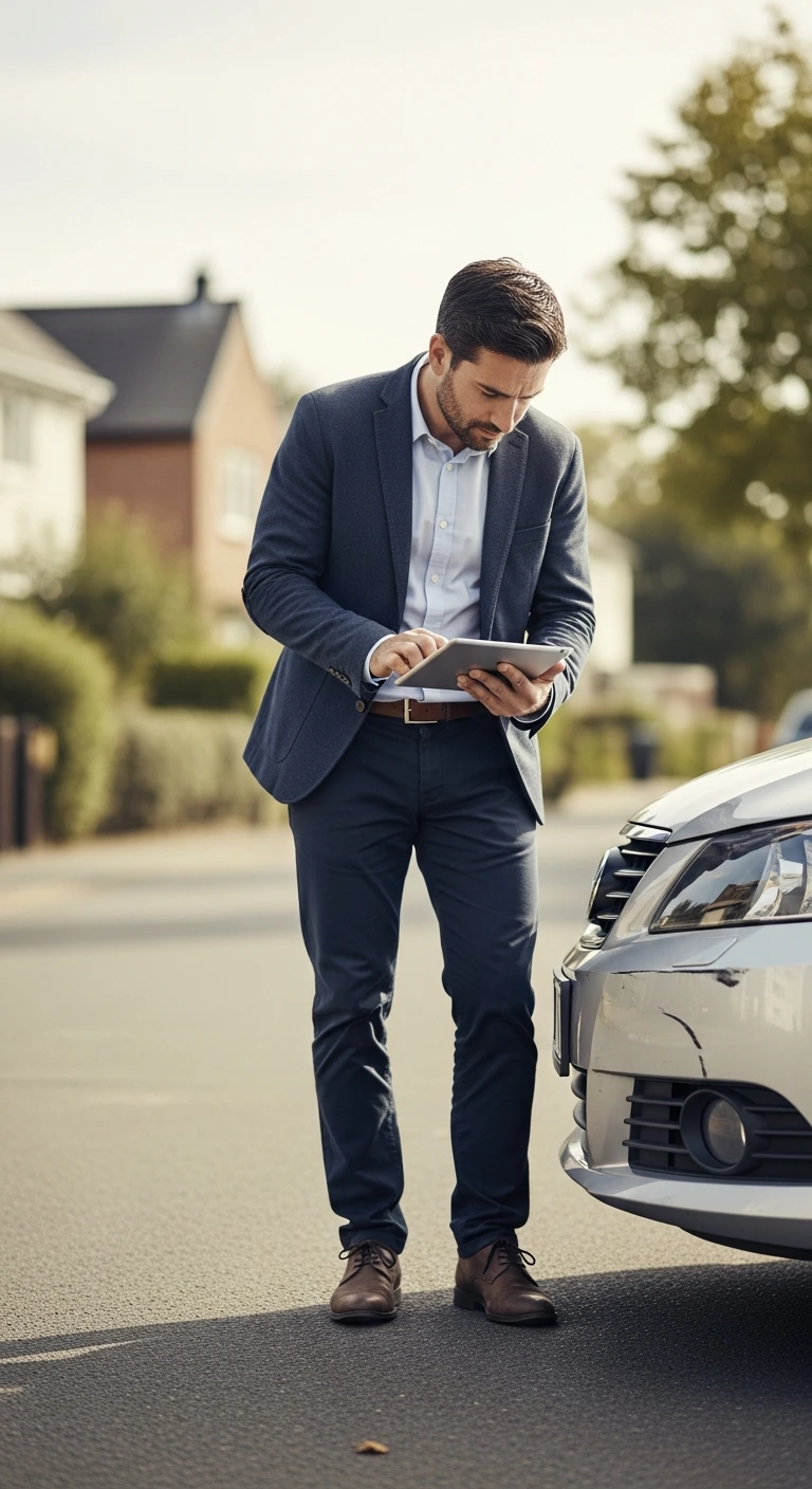 Unabhängiger KFZ-Gutachter dokumentiert einen Fahrzeugschaden vor Ort in München-Pasing mit Tablet