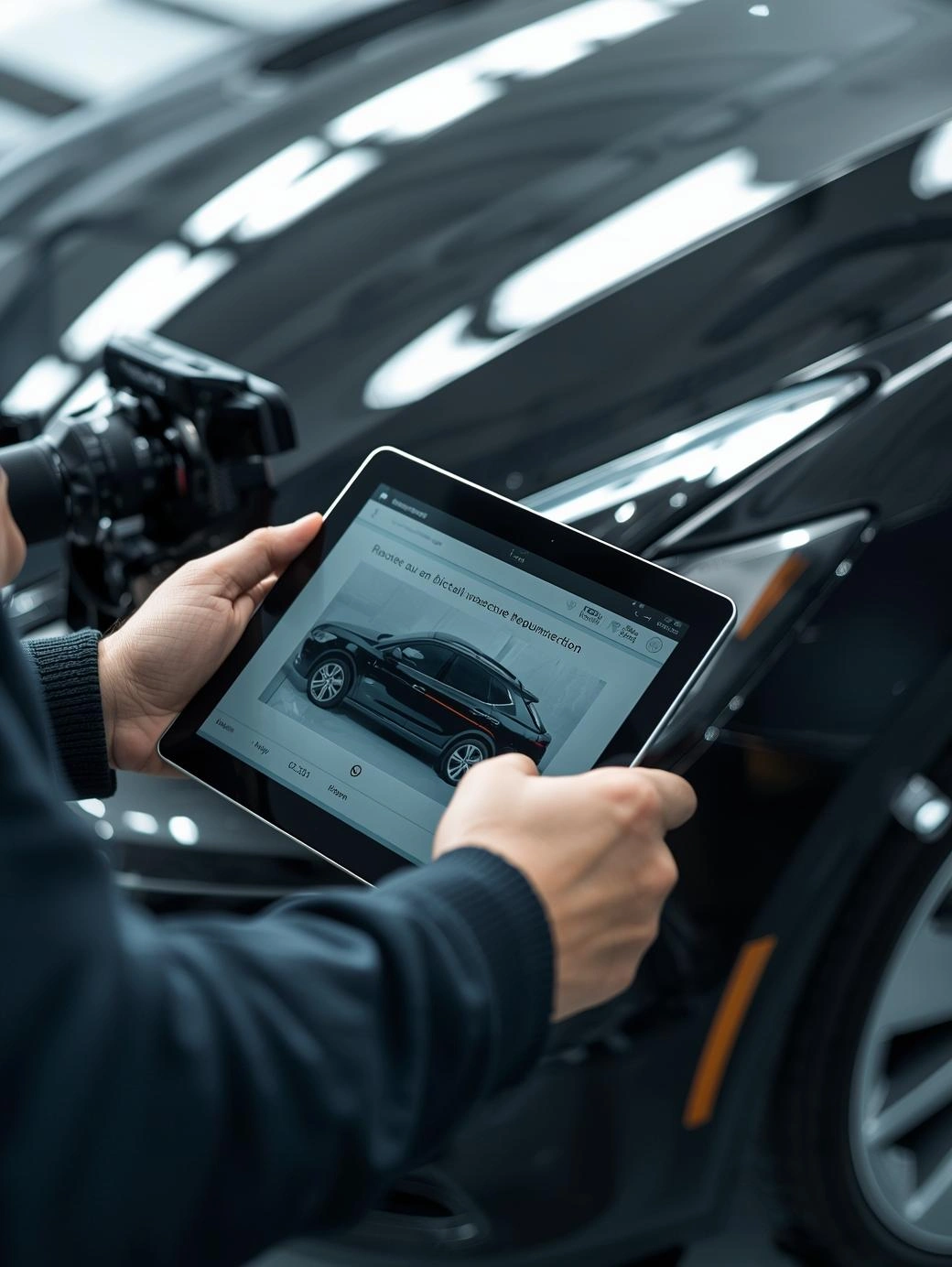 Digitale Schadenaufnahme durch einen KFZ Gutachter mit Tablet bei der Fahrzeugbegutachtung in Solln