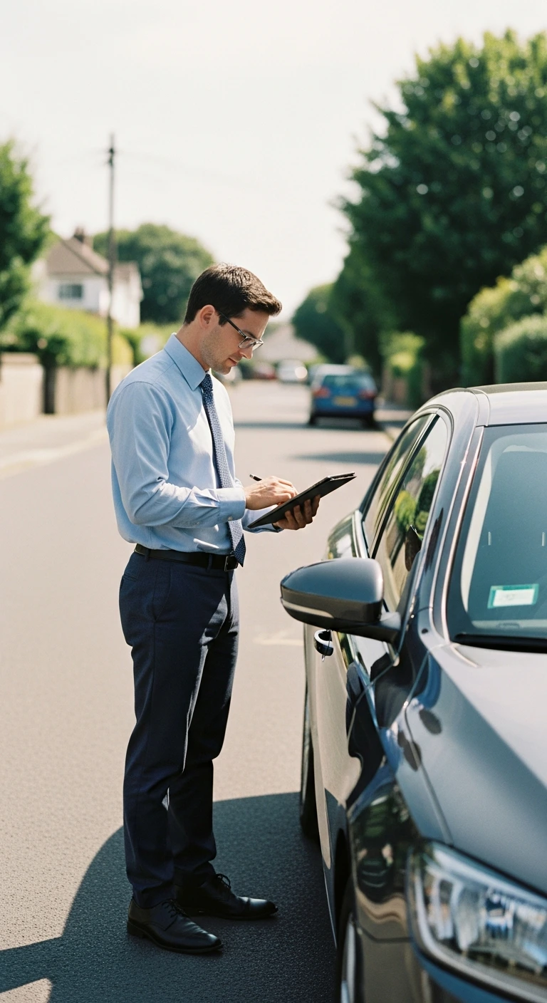 KFZ-Gutachter dokumentiert ein Fahrzeug mit Tablet während der Begutachtung in Trudering