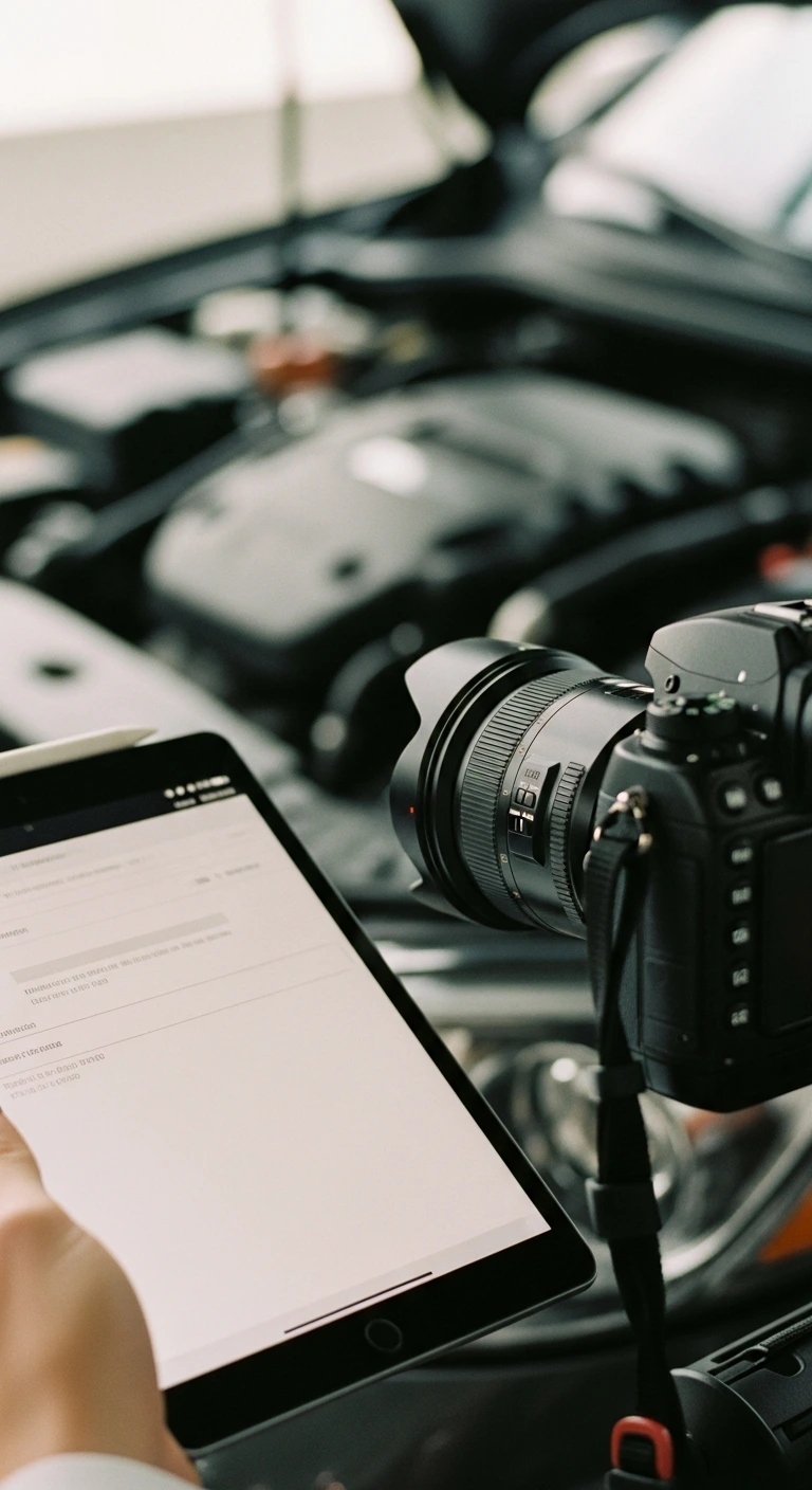 Digitale Schadenaufnahme mit Kamera und Tablet am Fahrzeug
