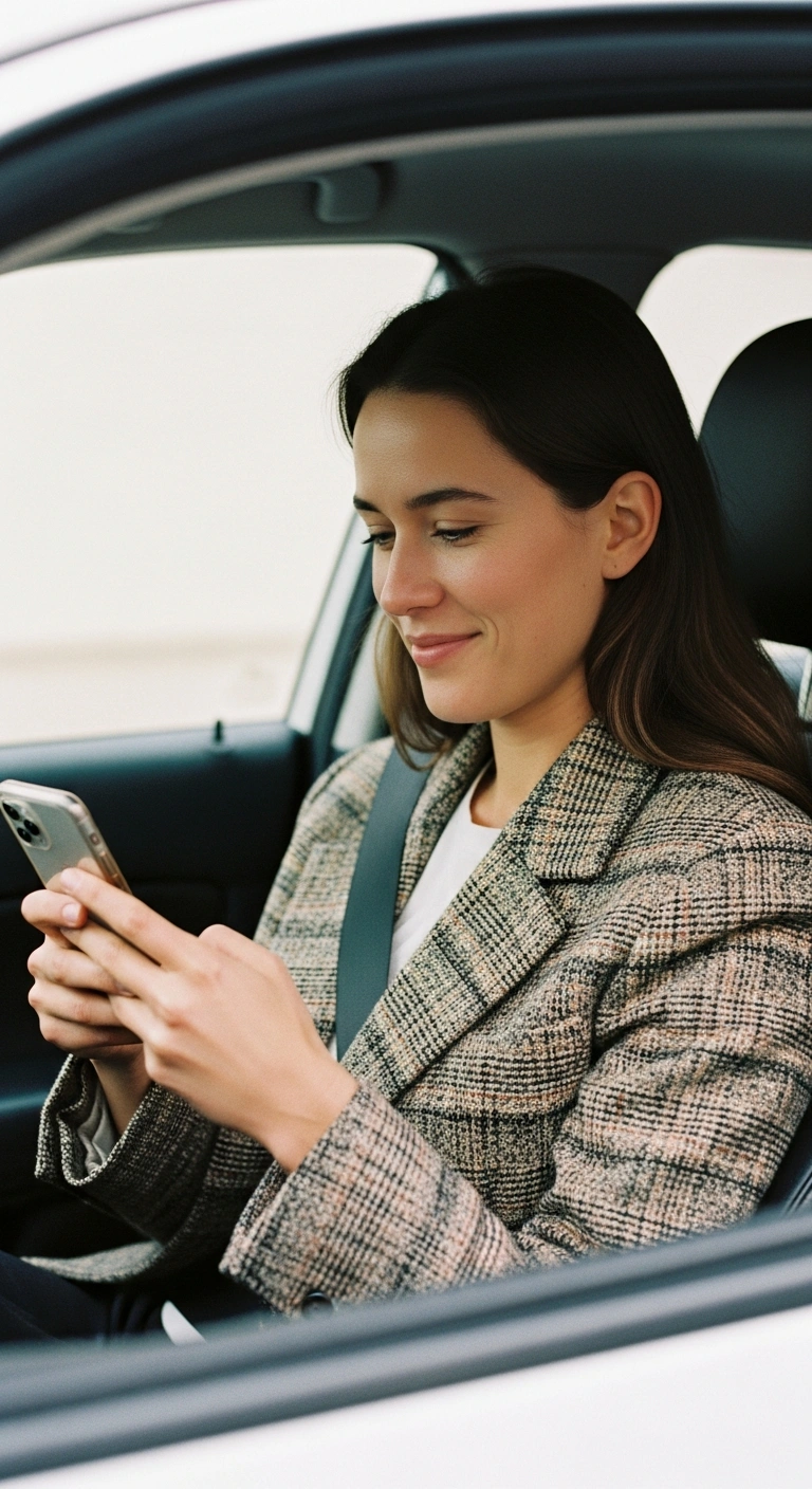 Fahrzeughalterin nutzt ihr Smartphone zur schnellen Kontaktaufnahme nach einem Verkehrsvorfall