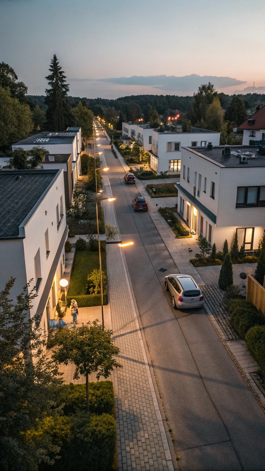 Abendliche Luftaufnahme eines ruhigen Wohngebiets mit moderner Bebauung und beleuchteter Straße