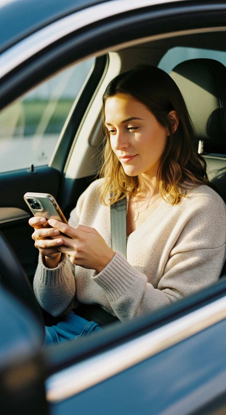 Zufriedene Kundin nutzt ihr Smartphone nach der Kontaktaufnahme mit einem Kfz-Gutachter