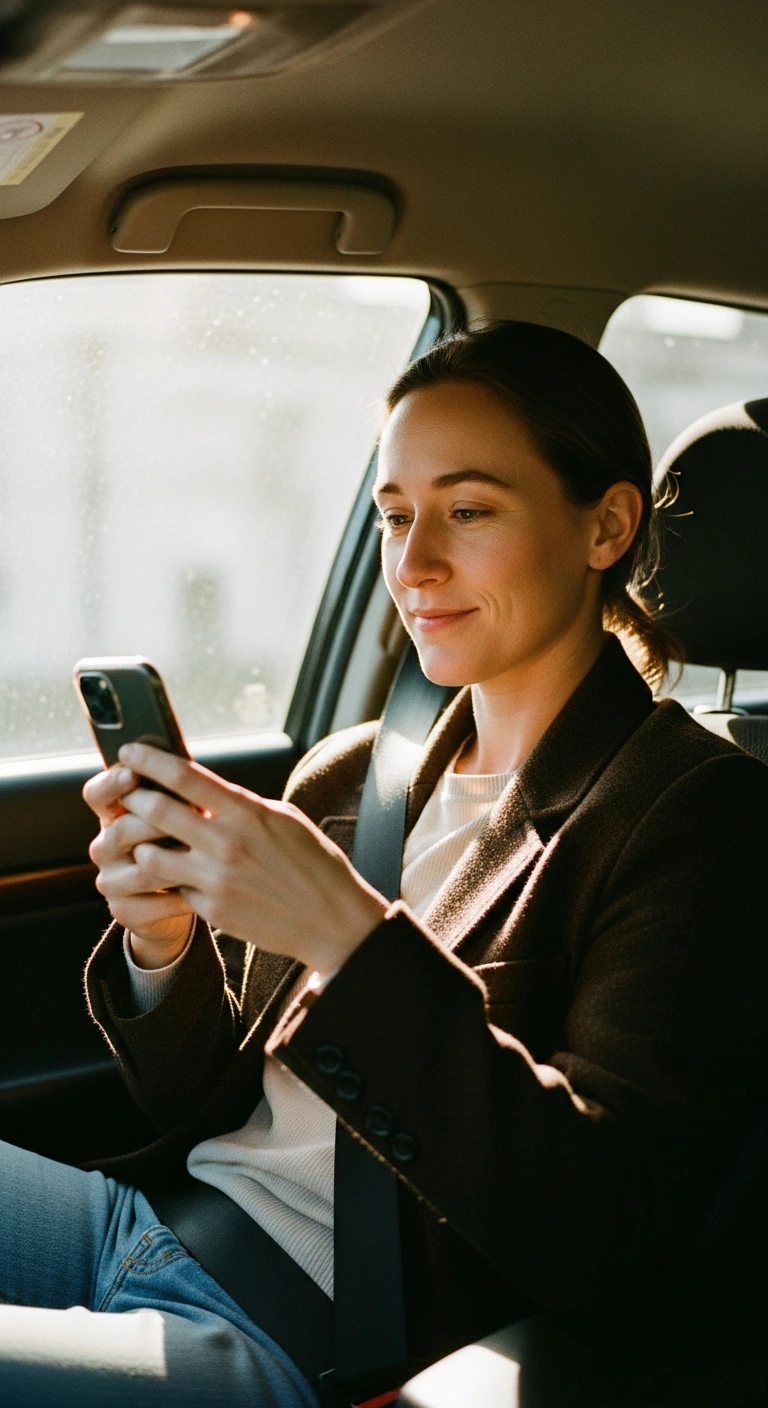 Entspannte Person im Auto liest eine Nachricht auf dem Smartphone